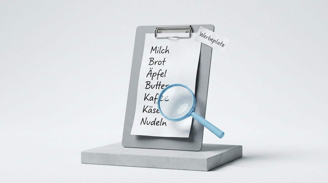 Klemmbrett mit Einkaufsliste, Lupe und „Werbeplatz“-Schild auf Betonpodest