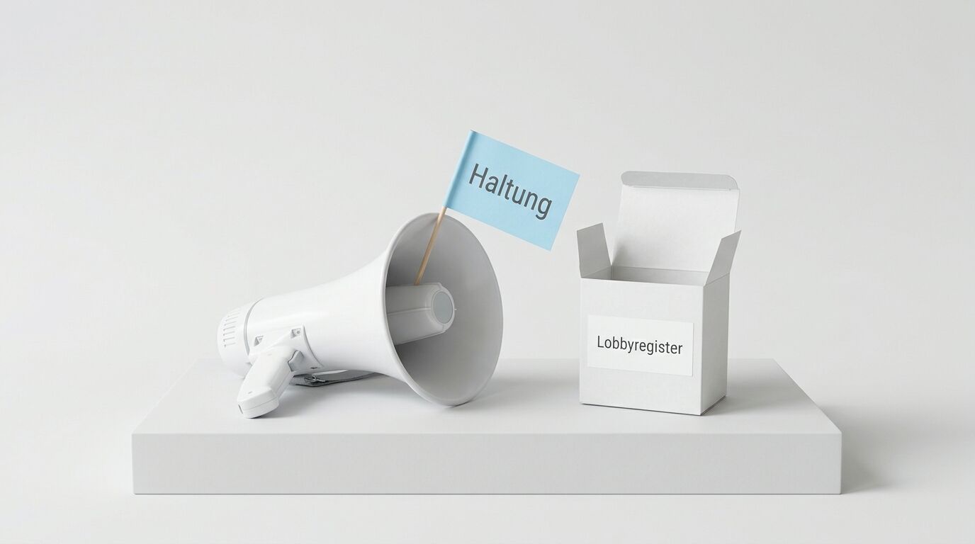 Megafon mit Fahne „Haltung“ und Schachtel „Lobbyregister“ auf weißem Sockel