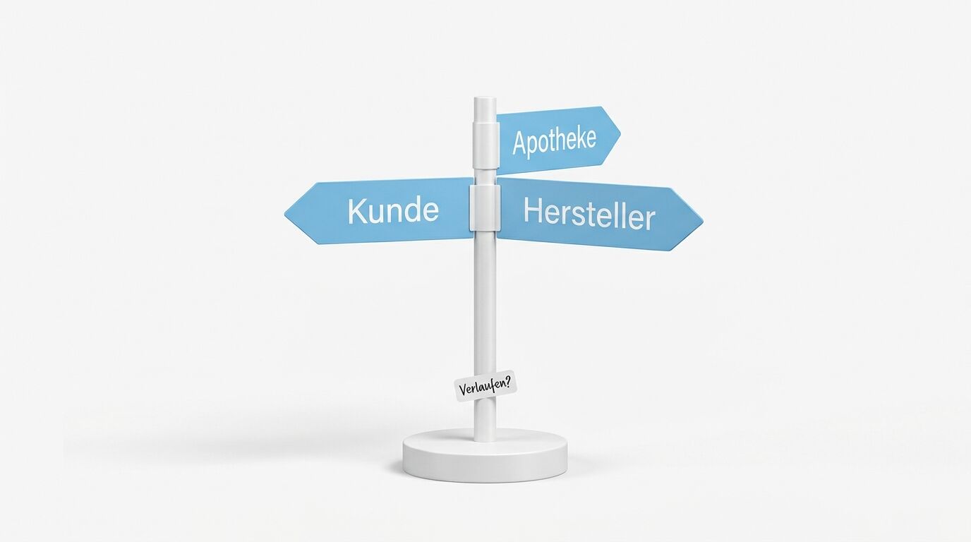 Schilder: „Kunde“, „Hersteller“, „Apotheke“, klein: „Verlaufen?“