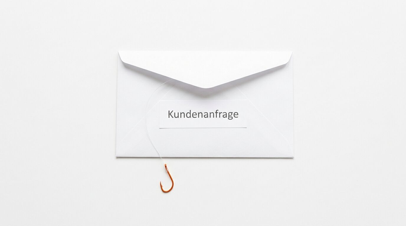 Briefumschlag mit Aufschrift „Kundenanfrage“ und Angelhaken auf weißem Grund