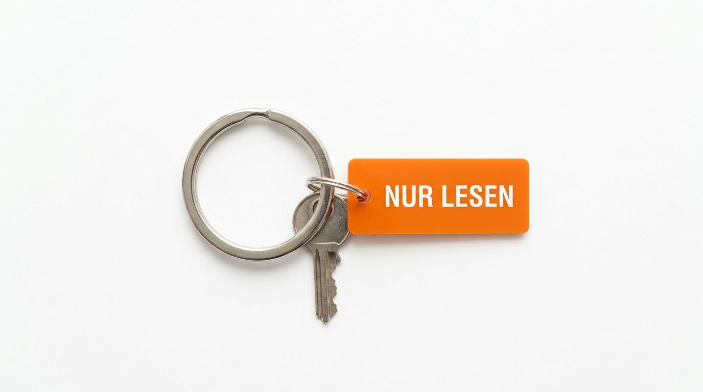 Ein Schlüsselring mit einem Metallschlüssel und einem orangen Anhänger, beschriftet „NUR LESEN“