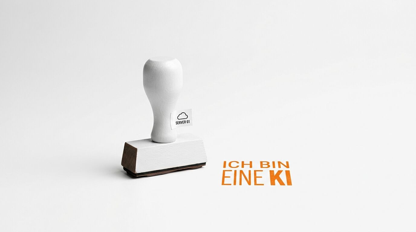 Stempel, rechts Text „ICH BIN EINE KI“ und Etikett am Griff mit „SERVER 01“