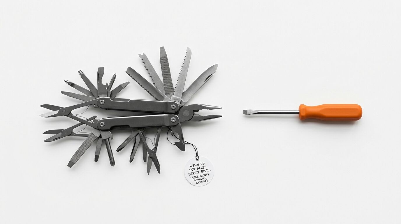 Ausgeklapptes Multitool mit Textschild links und Schraubendreher rechts auf weißem Grund