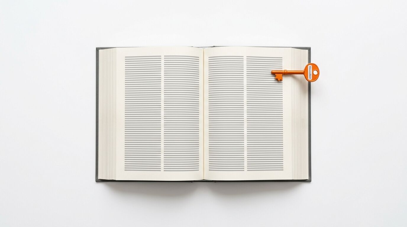 Draufsicht auf ein aufgeschlagenes Buch mit linierten Seiten und einem orangefarbenen Schlüssel