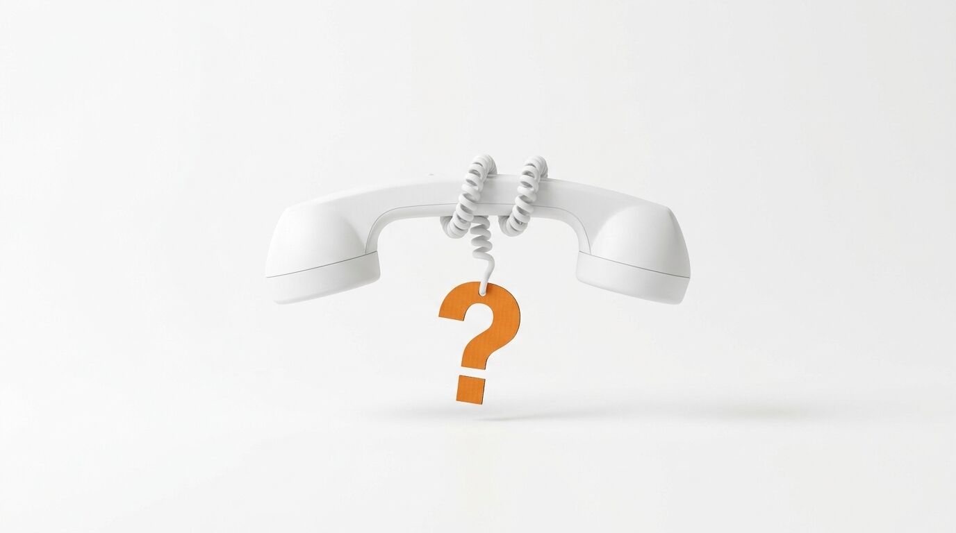 Weißer Telefonhörer mit Spiralkabel, an dem ein oranges Fragezeichen hängt