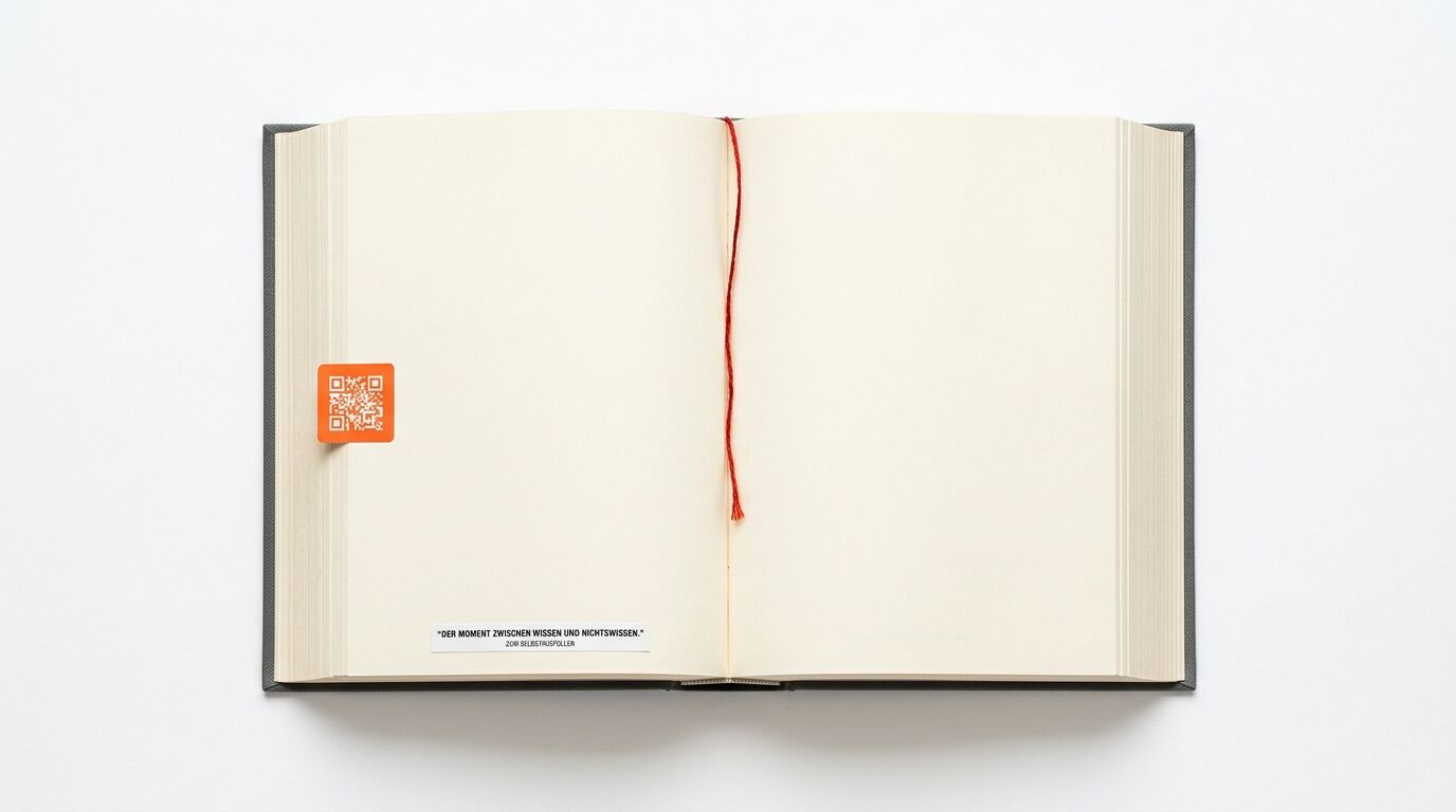 Ein aufgeschlagenes Notizbuch mit einem orangefarbenen QR-Code und einem roten Lesezeichen