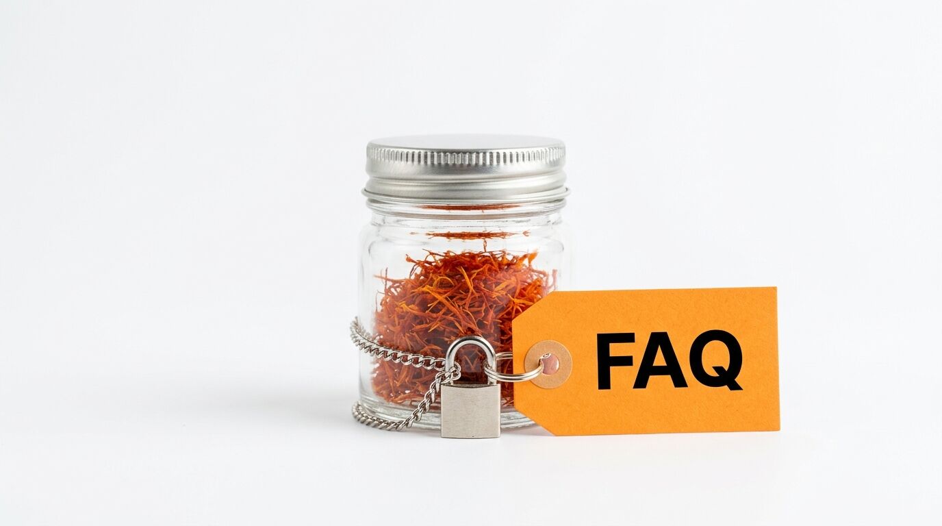 Ein Safran-Glas, gesichert mit Kette und Schloss, daneben ein orangefarbenes FAQ-Schild