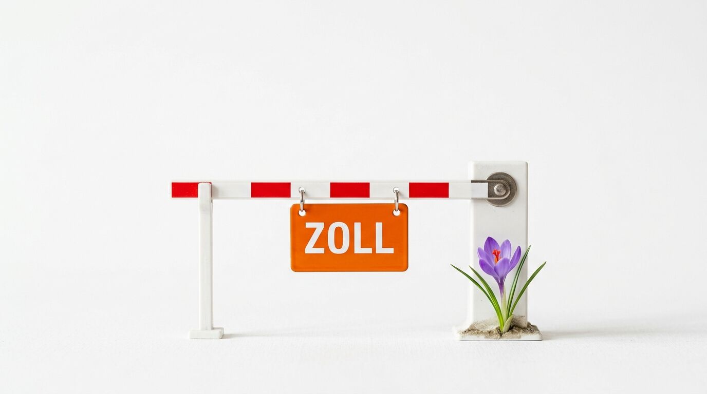 Modell einer geschlossenen Schranke mit orangefarbenem „ZOLL“-Schild und Krokusblüte