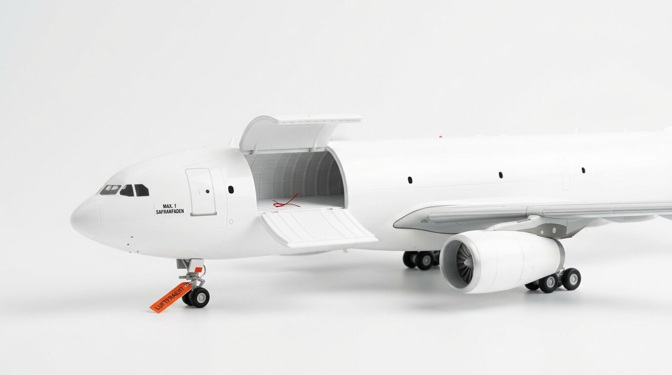 Weißes Frachtflugzeugmodell mit offener Ladetür, Triebwerk und einem Safranfaden im Laderaum