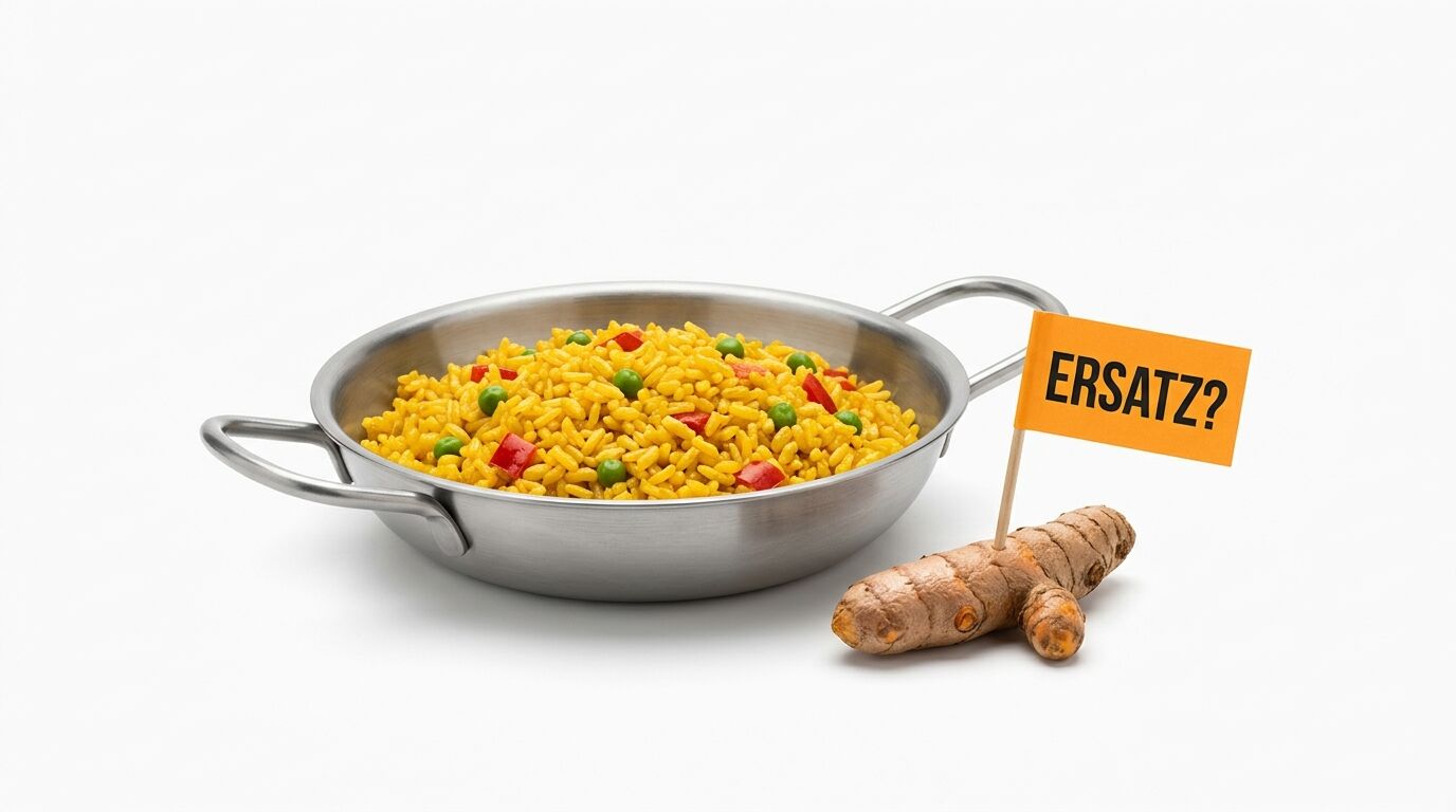 Eine Pfanne Paella neben Kurkuma mit einem Schild „ERSATZ?“ auf Weiß