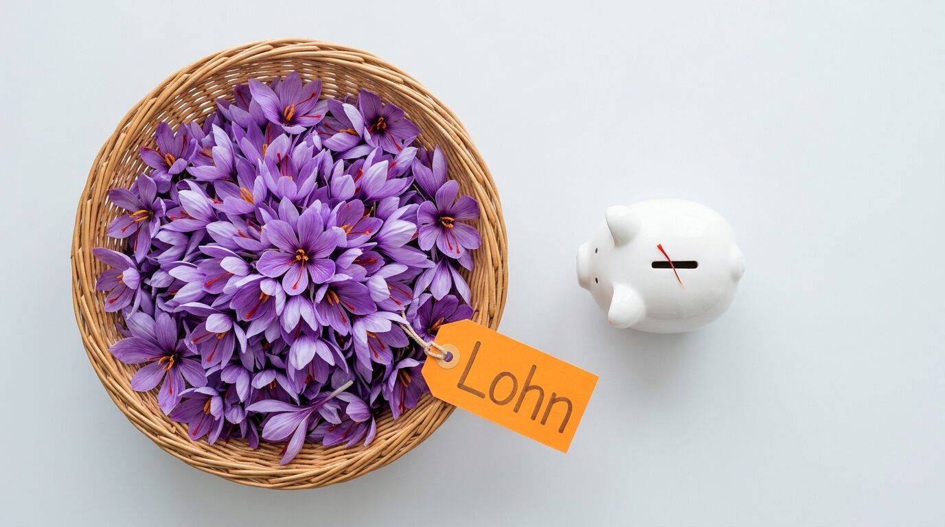 Weidenkorb mit Safranblüten, „Lohn“-Schild und weißem Sparschwein in Draufsicht
