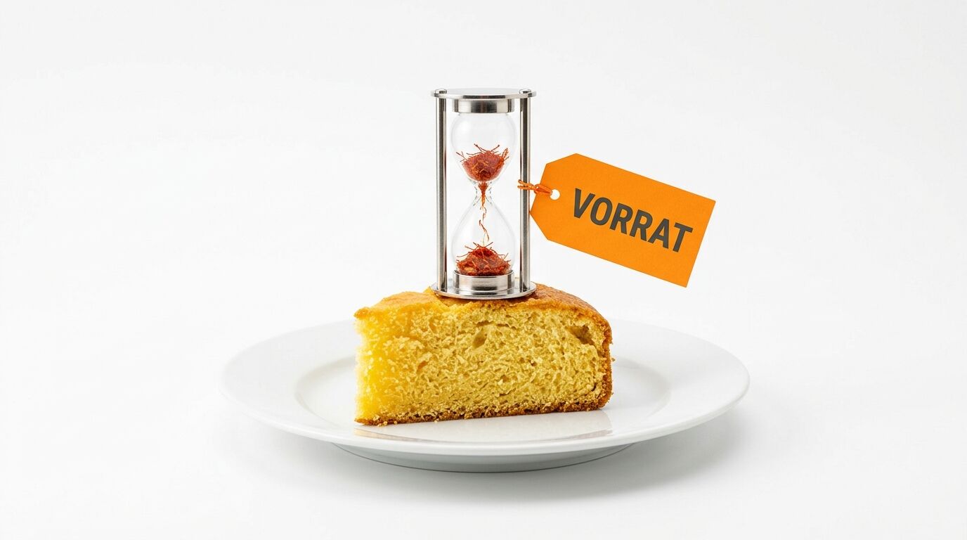 Kuchenstück mit Safran-Sanduhr und „VORRAT“-Schild auf Teller, weißer Grund