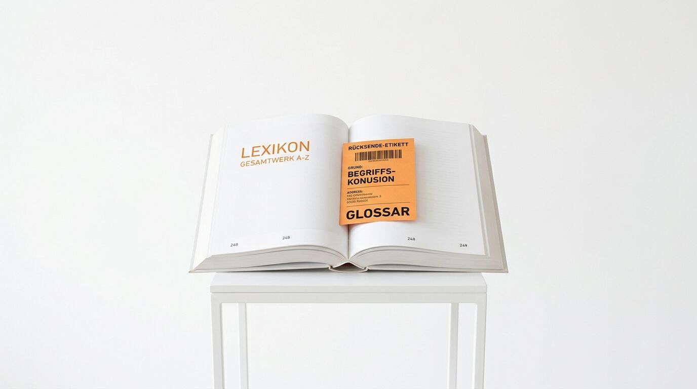 Ein offenes „LEXIKON“ auf einem weißen Tisch mit einem orangefarbenen „Glossar“-Etikett