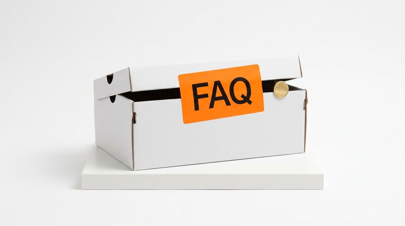 Offener weißer Karton mit orangem „FAQ“-Sticker auf weißem Sockel