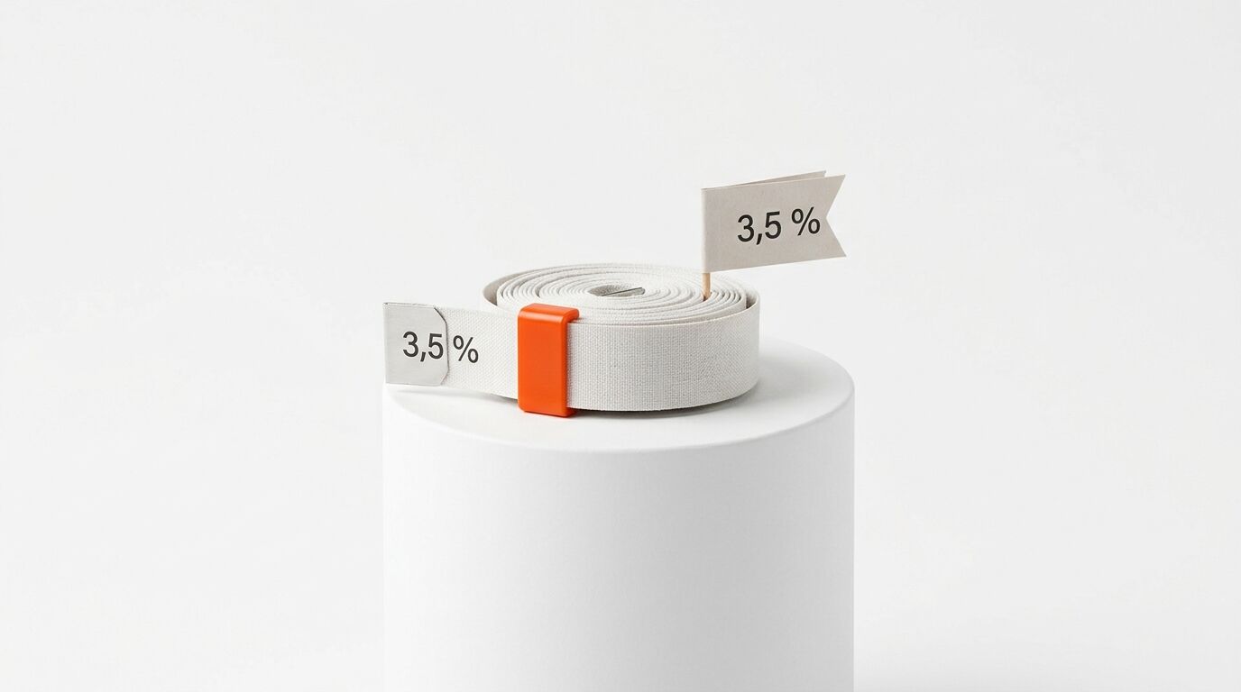 Maßbandrolle mit 3,5% Fahne und Metallclip auf weißem Sockel vor hellem Hintergrund