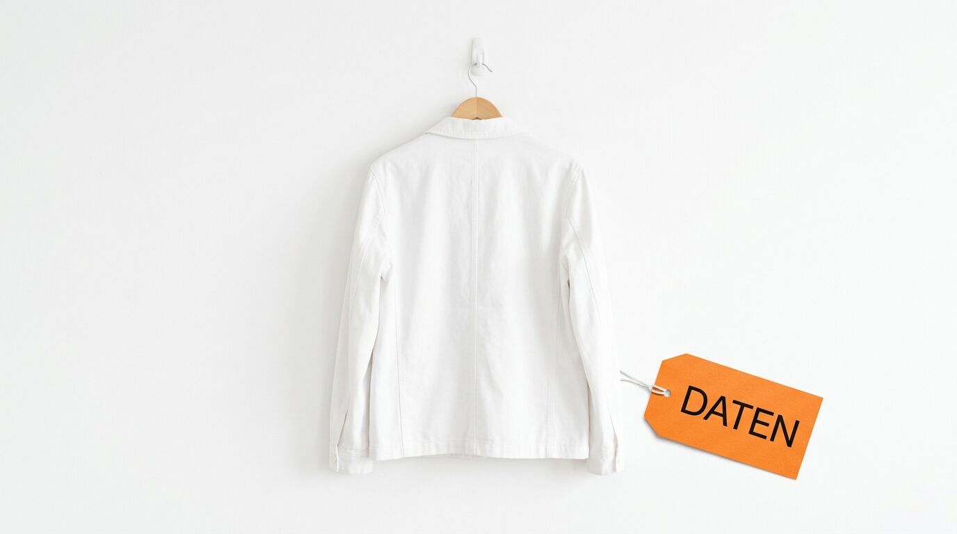 Rückseite weißer Jacke am Bügel vor weißer Wand. Rechtes Etikett orange, Aufschrift „DATEN“