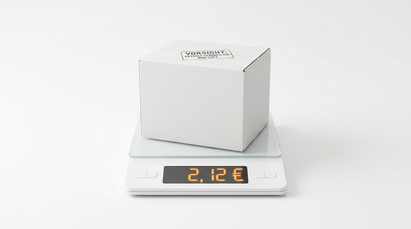 Ein weißes Paket mit Warnetikett steht auf einer Digitalwaage, die „2,12 €“ anzeigt