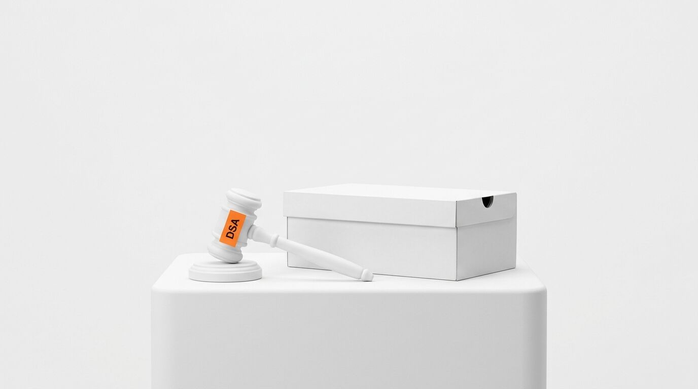 Ein weißer Richterhammer mit orangefarbenem DSA-Aufkleber liegt neben einem weißen Karton auf einem Podest