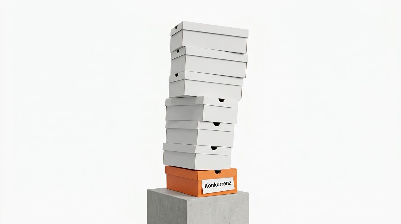 Ein Stapel Kartons, unten ein oranger mit Aufschrift „Konkurrenz“, auf Betonblock