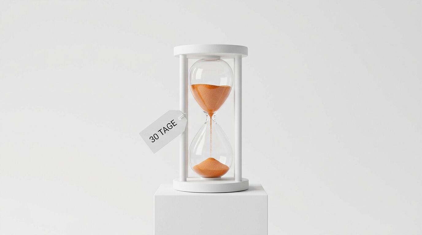 Weiße Sanduhr auf Podest mit Anhänger