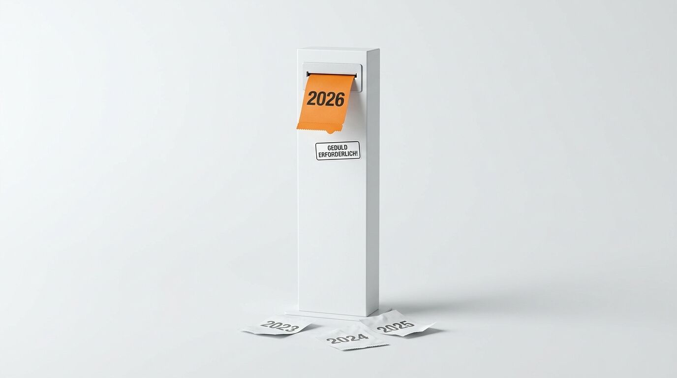 Gerät spendet orangefarbenen 2026-Beleg, Bodenmarkierungen für 2023–2025