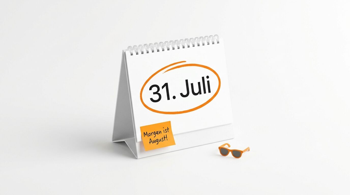 Tischkalender mit Datum „31. Juli“, orange eingekreist, Sonnenbrille daneben