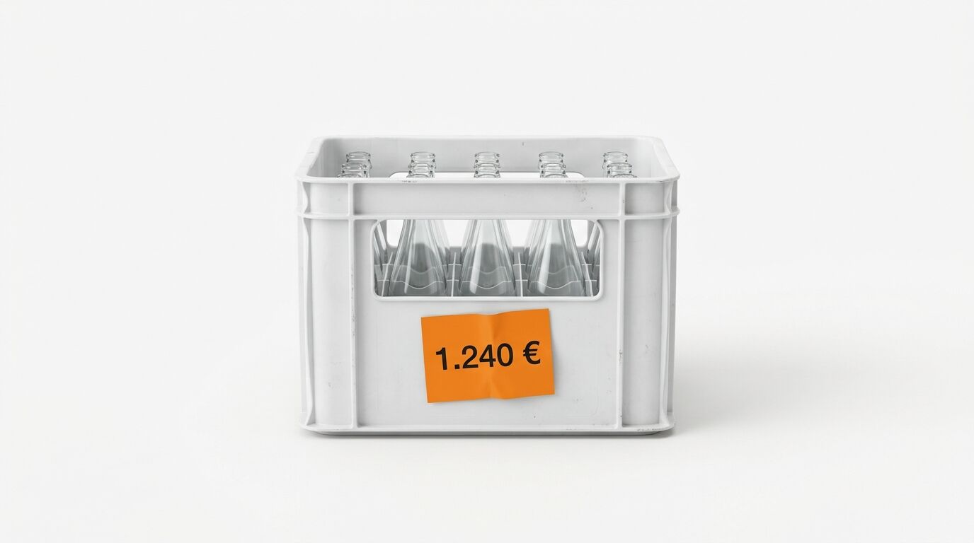 Grauer Getränkekasten mit leeren Glasflaschen und orangefarbenem Etikett mit Aufdruck „1.240 €“