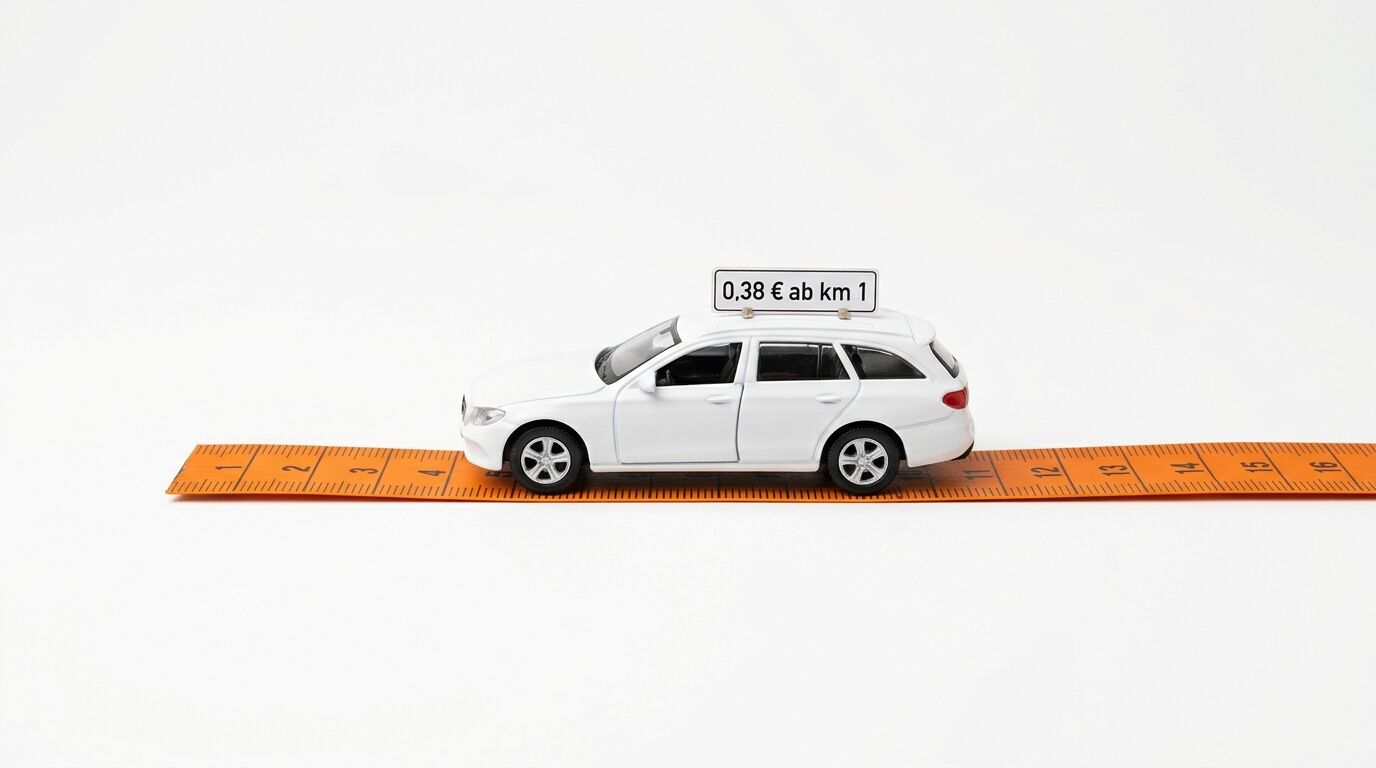 Modellauto auf Maßband mit einem Preisschild von „0,38 € ab km 1“ auf dem Dach