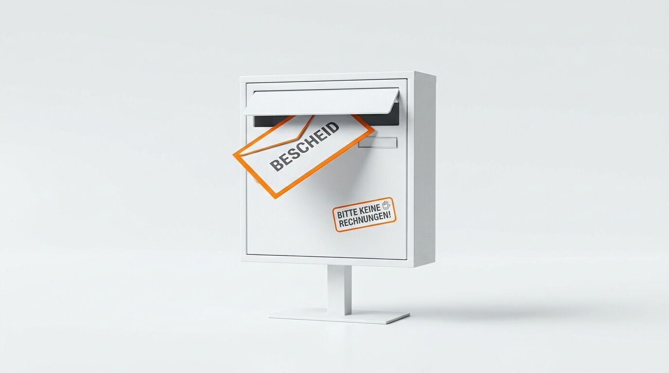 Ein Briefkasten, aus dem ein Umschlag ragt, und ein Aufkleber „BITTE KEINE RECHNUNGEN!“
