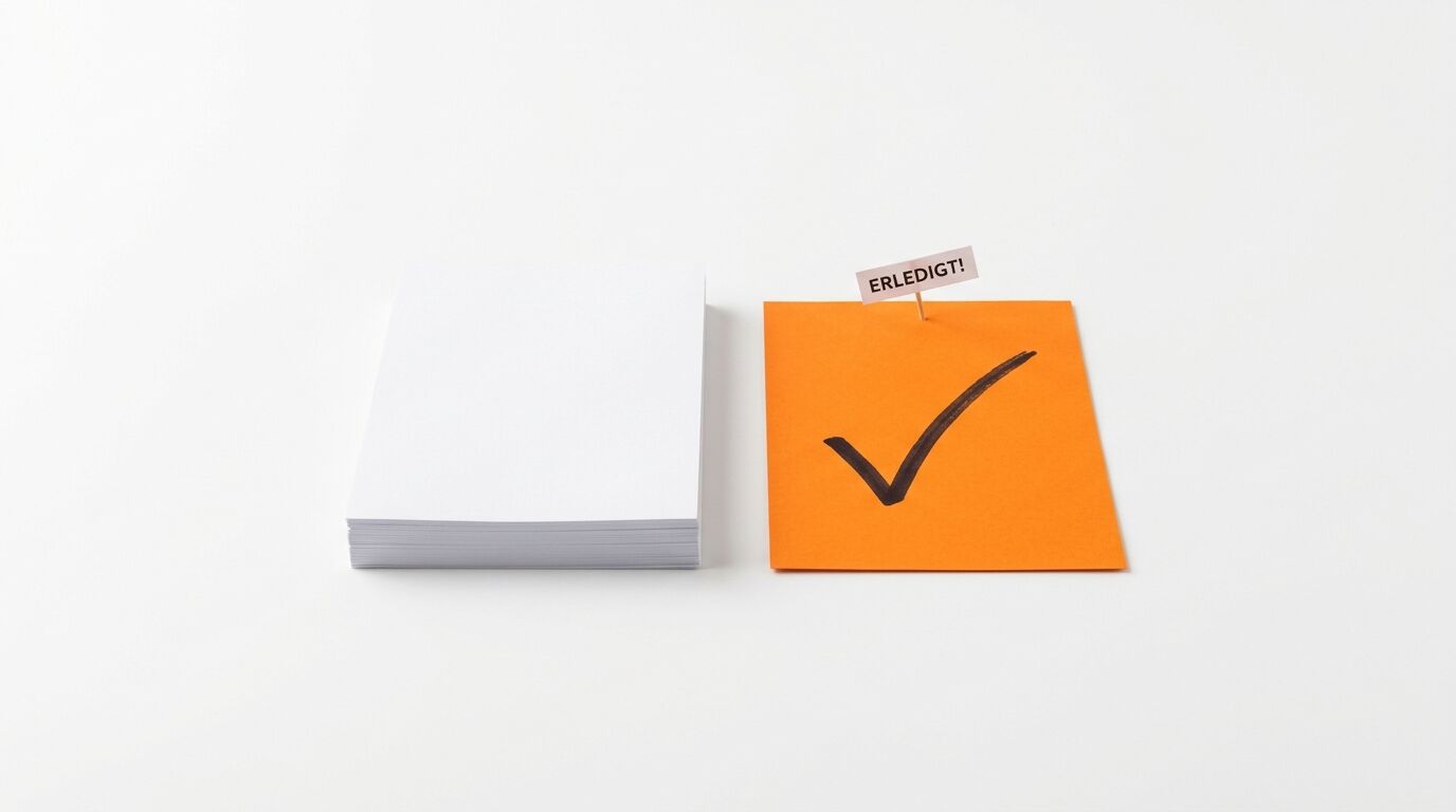 Ein Stapel weißes Papier links, daneben orangefarbenes Papier mit Häkchen und Fähnchen „ERLEDIGT!“