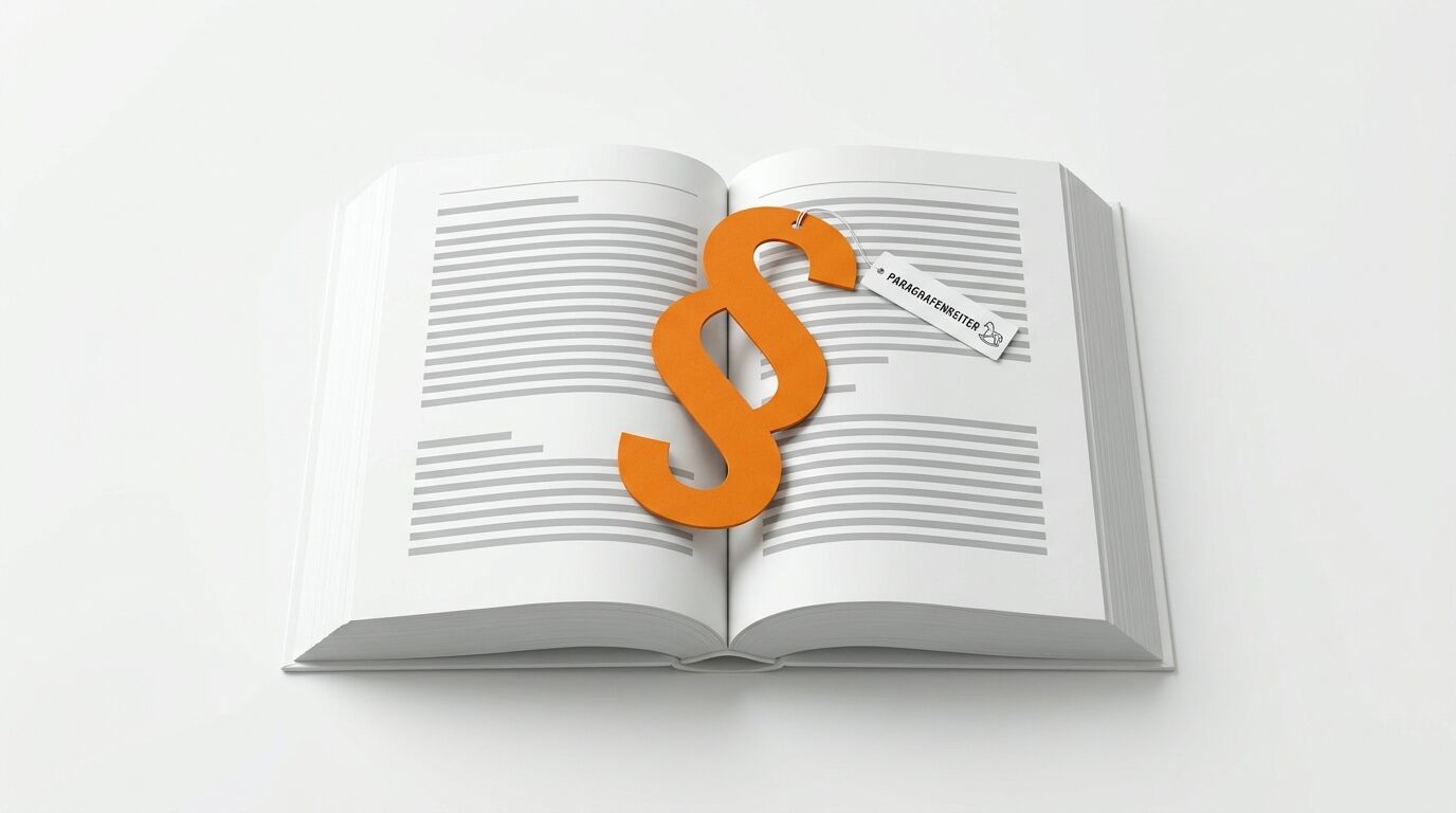 Geöffnetes Buch mit orangefarbenem Paragrafenzeichen und Etikett „PARAGRAFENREITER“