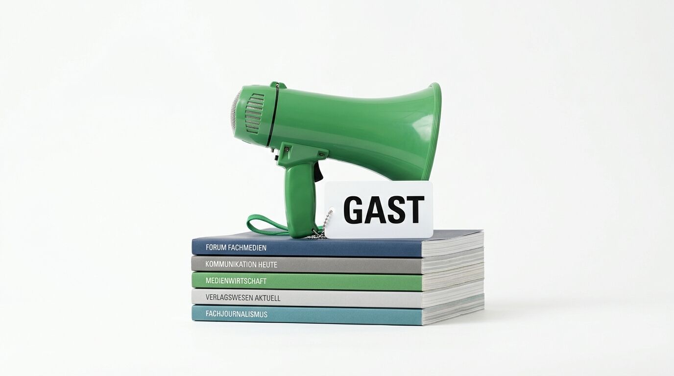 Grünes Megaphon auf einem Stapel Fachzeitschriften mit der Aufschrift „GAST“