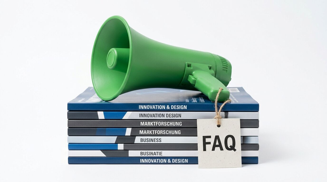Ein Megafon auf einem Zeitschriftenstapel mit einem „FAQ“-Schild