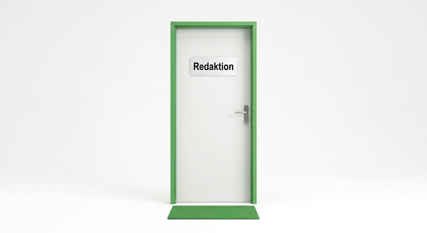 Tür mit grünem Rahmen, Schild „Redaktion“, davor eine grüne Fußmatte