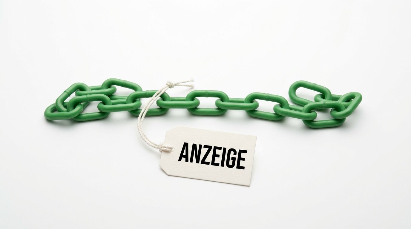 An einer grünen Plastikkette auf weißem Grund hängt ein Etikett mit der Aufschrift „ANZEIGE“