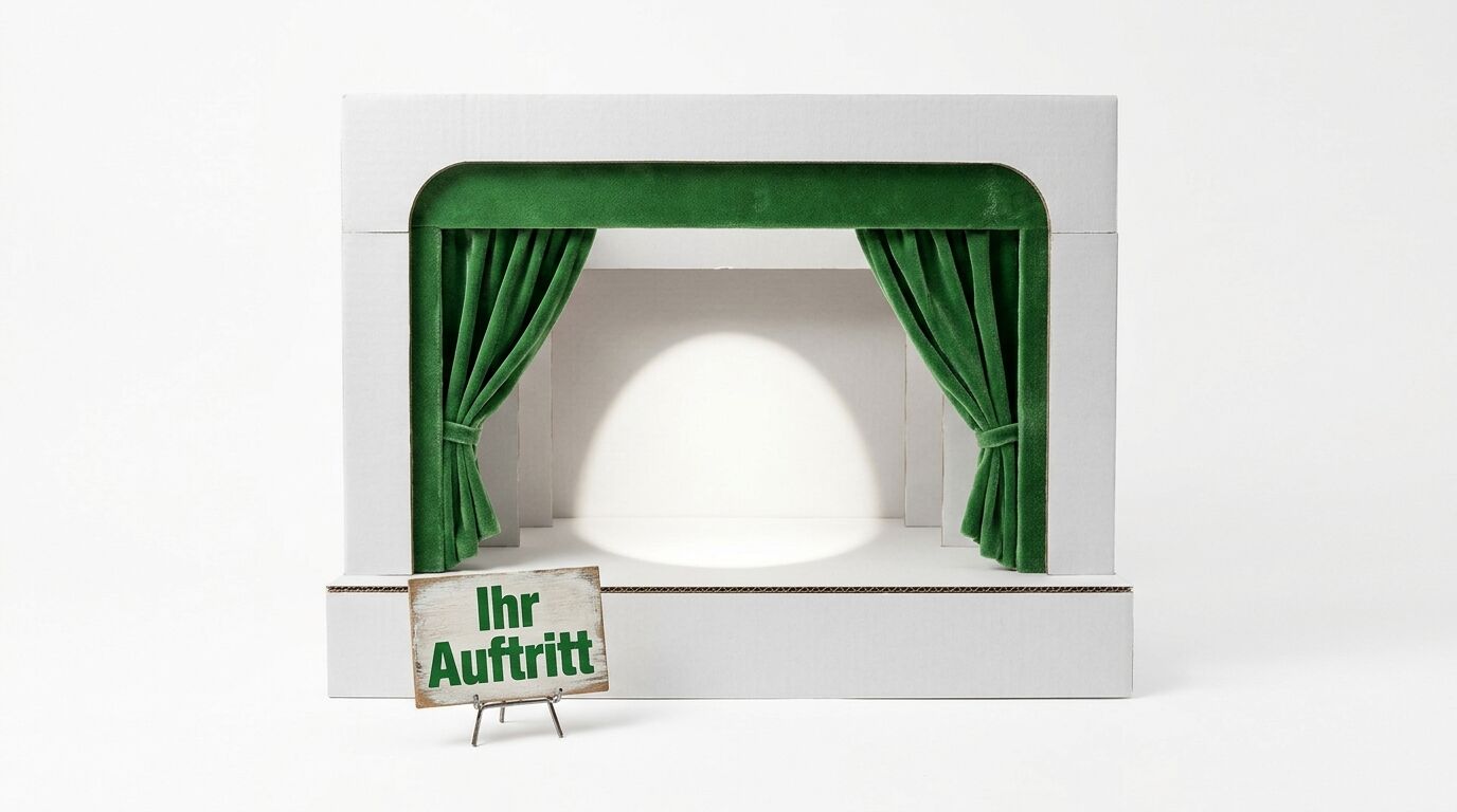 Kleines Kartontheater mit grünem Vorhang, Scheinwerferlicht und Schild 