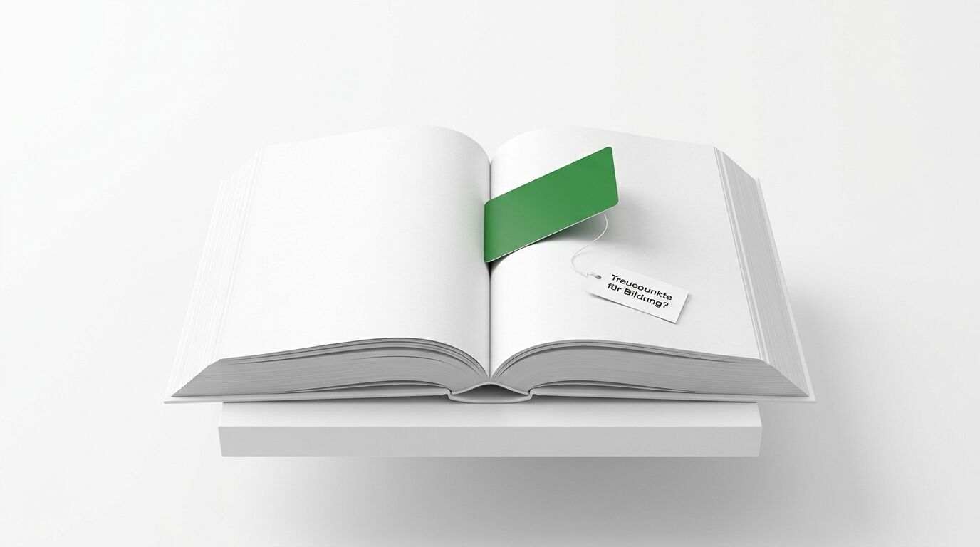 Aufgeschlagenes Buch mit grünem Anhänger, der ein Schild mit Text trägt, auf weißem Grund