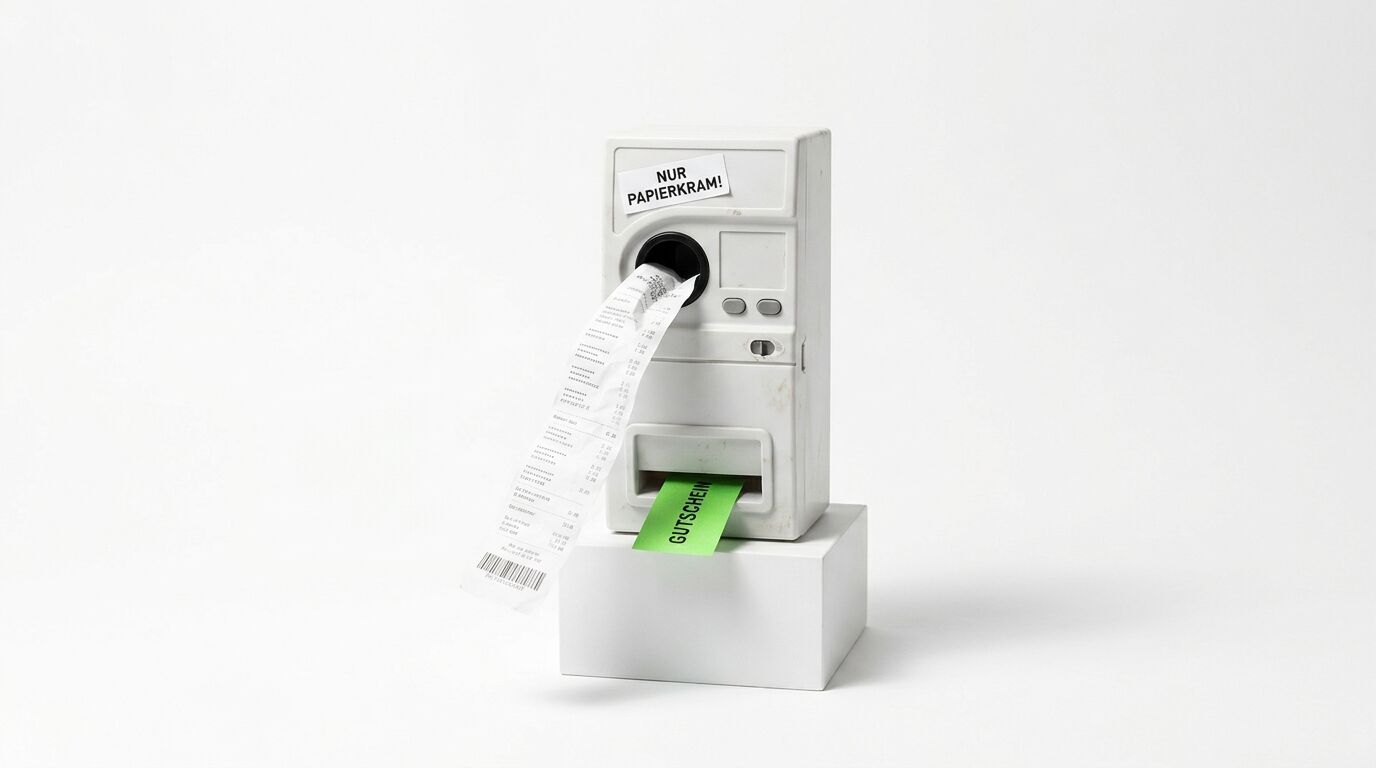 Registrierkasse mit Kassenbon und grünem Gutschein auf weißem Sockel