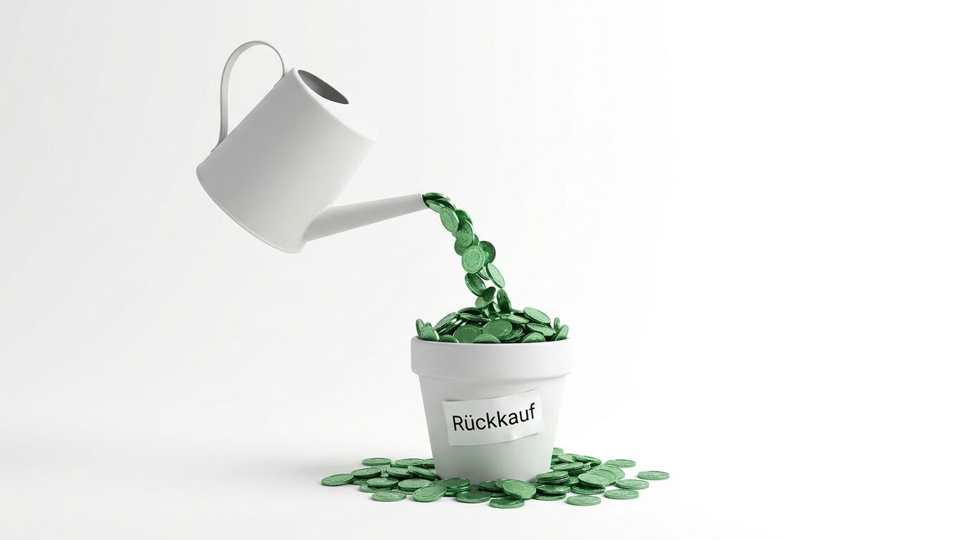 Gießkanne schüttet grüne Münzen in einen Topf mit der Aufschrift „Rückkauf“