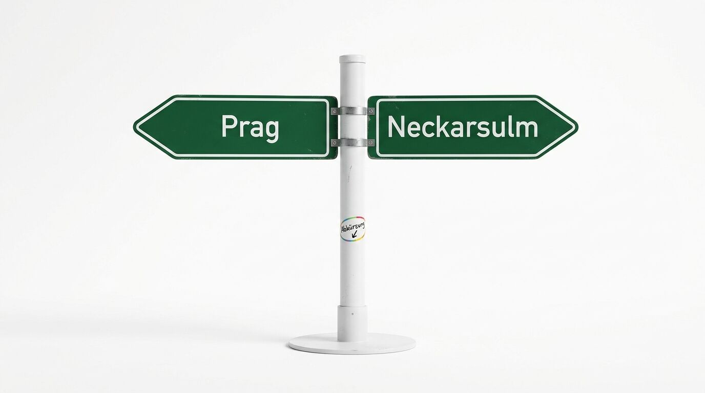 Wegweiser zeigt links „Prag“, rechts „Neckarsulm“; am Pfahl runder Sticker „Abkürzung \/“