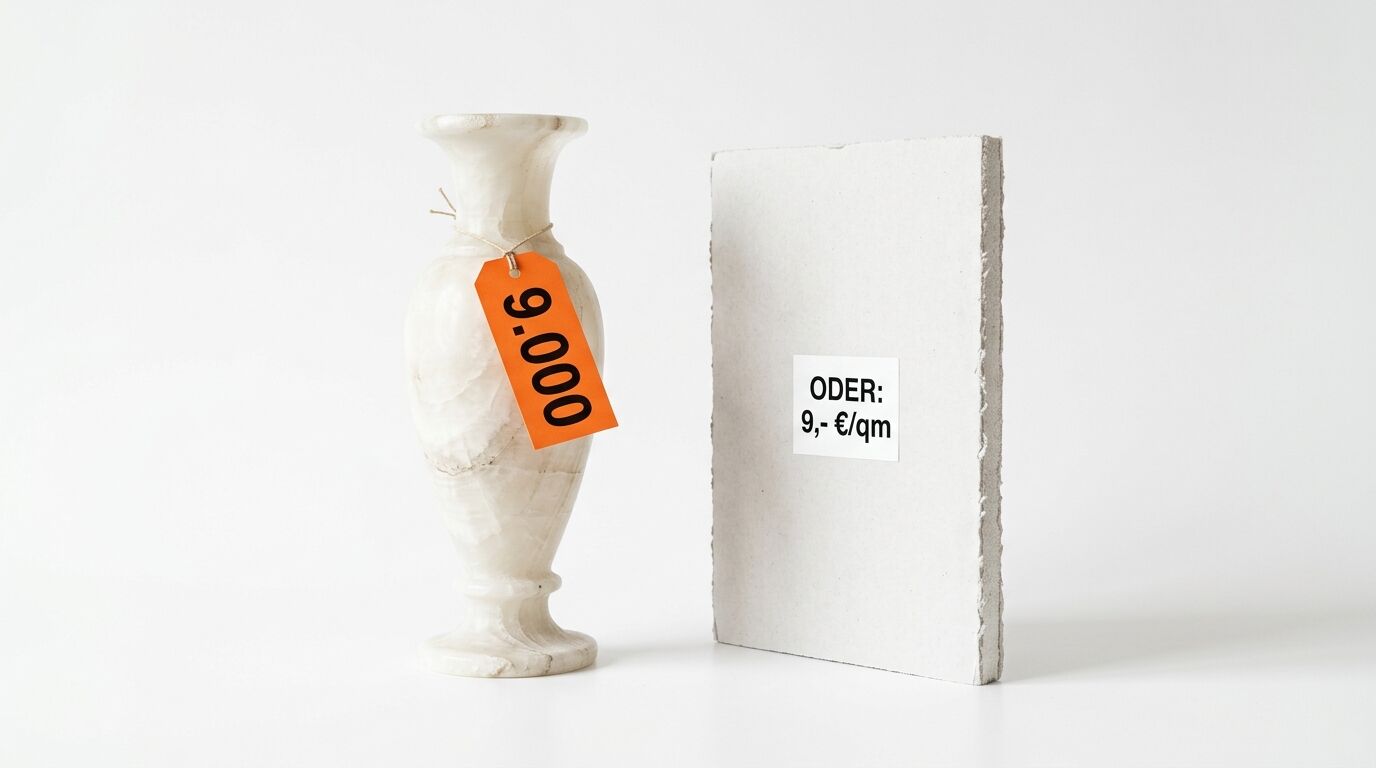 Vase mit Preisschild und Platte vor weißem Hintergrund