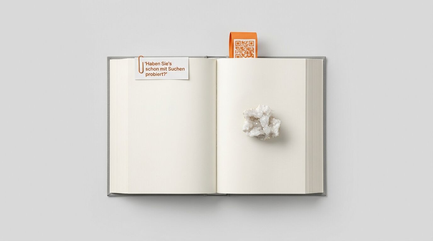 Geöffnetes Buch mit Zettel, Kristall und QR-Code-Lesezeichen auf grauem Grund