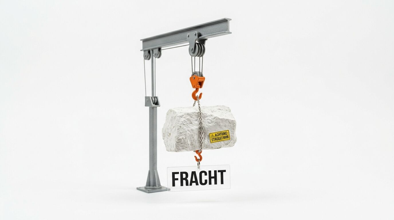 Ein Kranmodell hebt einen Betonblock mit Warnhinweis und einem „FRACHT“-Schild