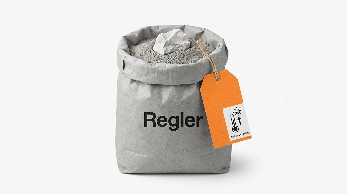 Papiersack „Regler“ mit Pulver, Stein und orangem Anhänger auf weißem Grund