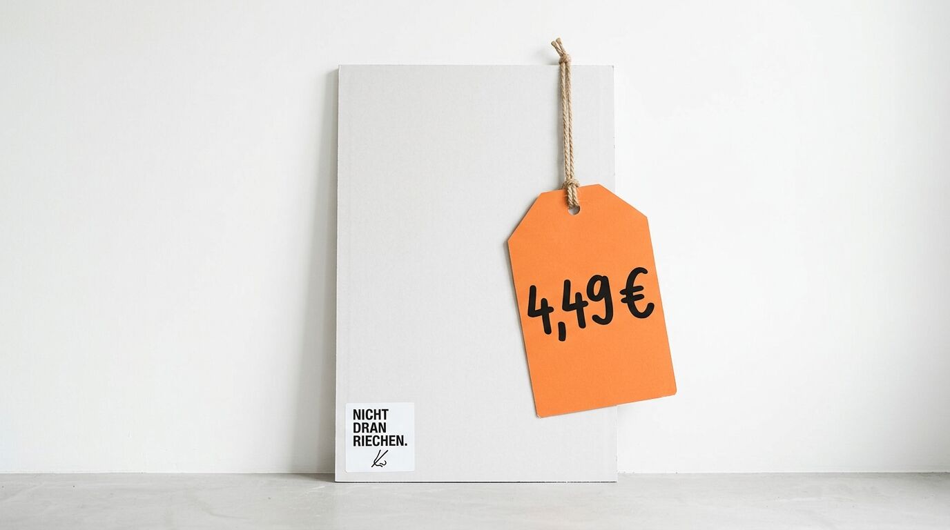 Graue Platte, oranger Anhänger mit „4,49€“ und Sticker „NICHT DRAN RIECHEN.“ vor weißer Wand
