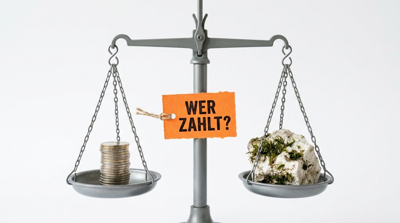 Waage mit Münzen, moosbedecktem Stein und Schild „WER ZAHLT?“ auf Weiß