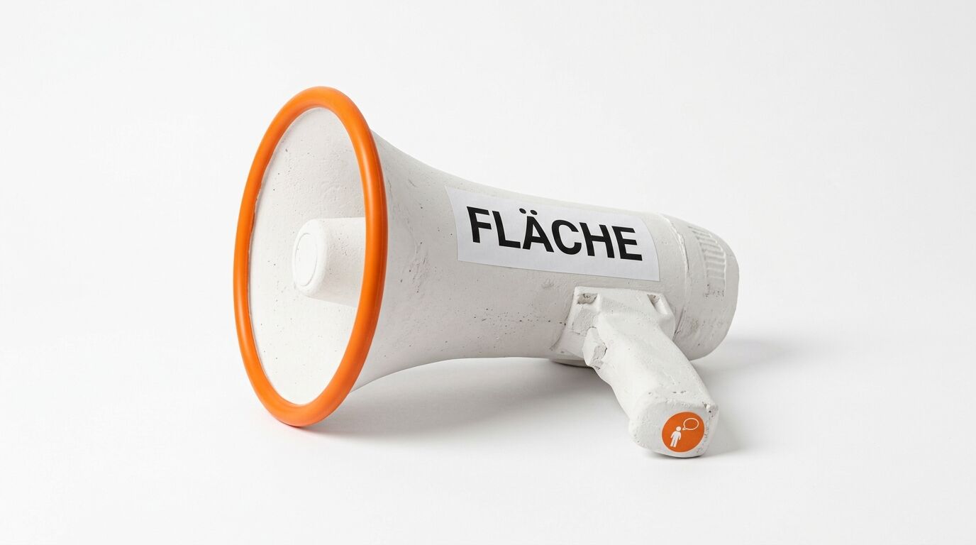 Weißes Megafon mit orangefarbenem Rand und Aufkleber „FLÄCHE“ auf weißem Grund