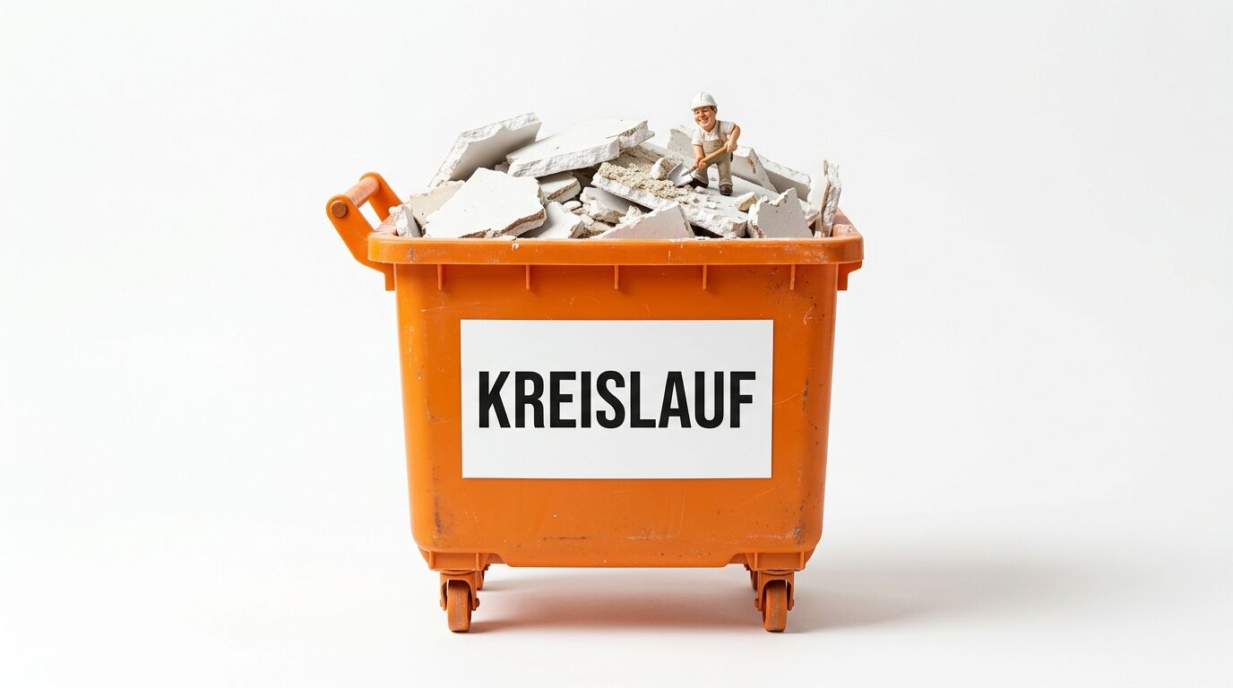 Kleine orange Mülltonne gefüllt mit Bauschutt und einer Arbeiterfigur, Schild „KREISLAUF“