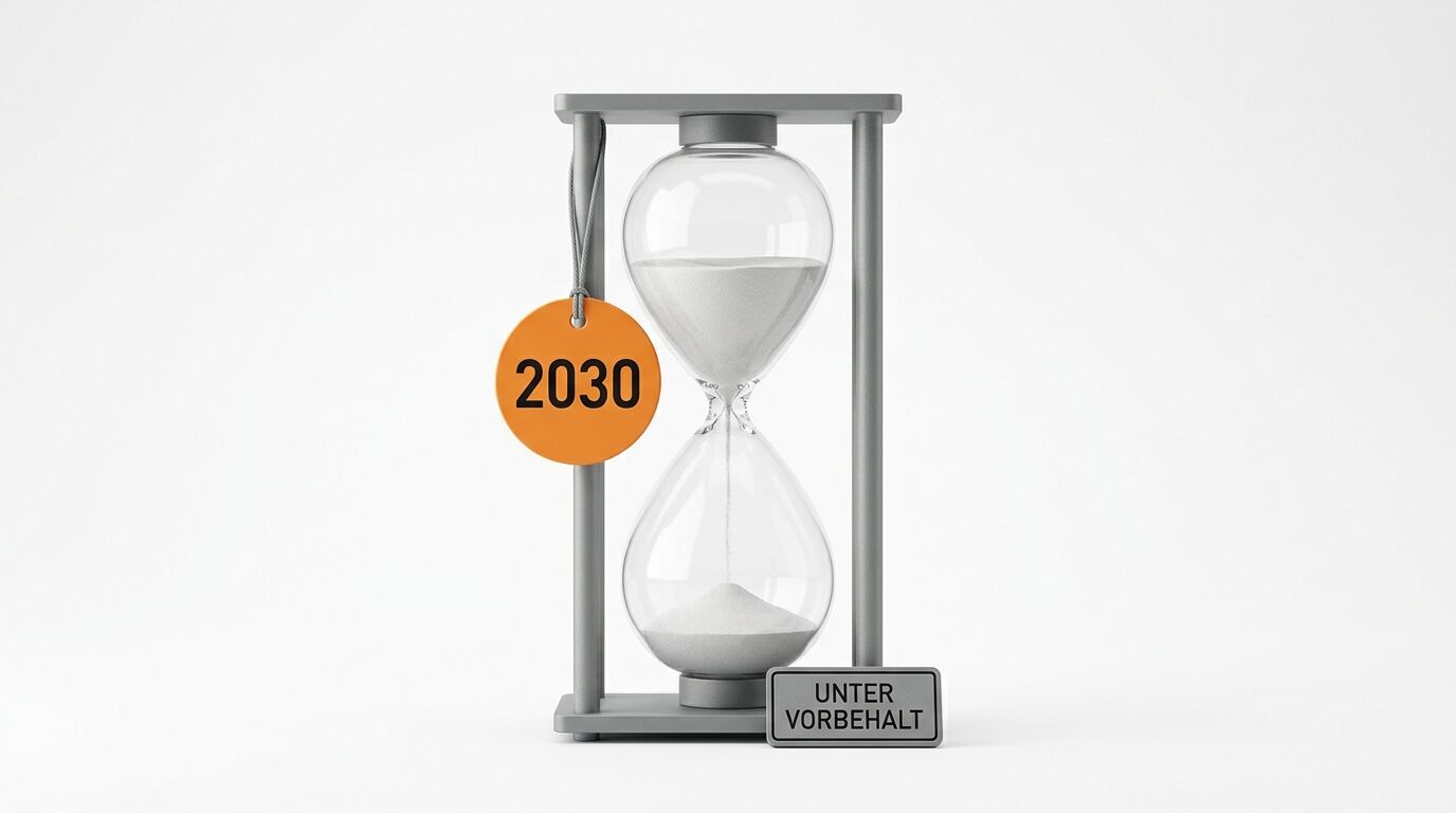 Sanduhr vor weißem Hintergrund mit orangefarbenem Schild „2030“ und Schild „UNTER VORBEHALT“