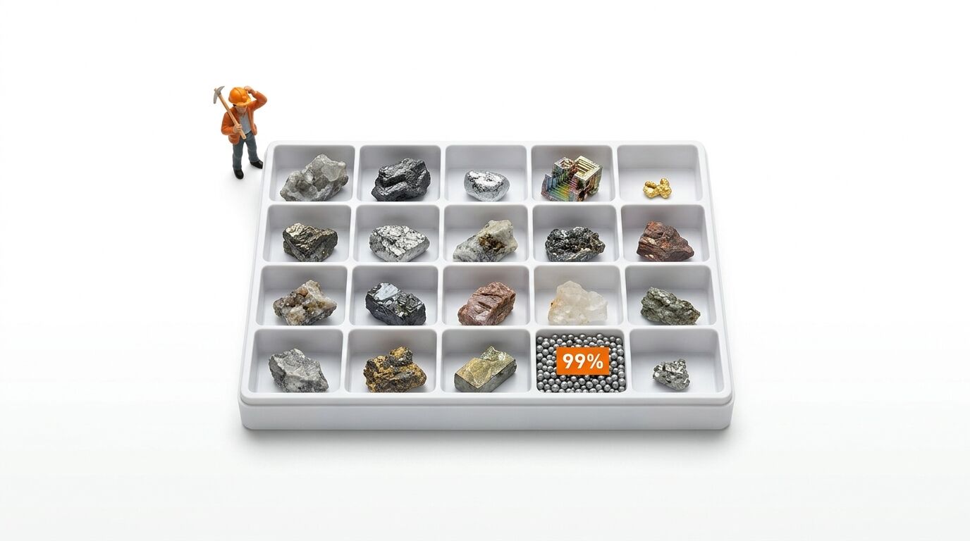 Bergarbeiterfigur und Setzkasten mit Mineralien und Elementen auf Weiß